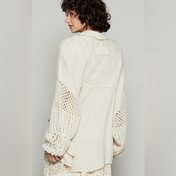 P58. NEW POL Natural Cream Crochet Knit Sleeve Button Down Shirt Cotton - Picture 8 of 9